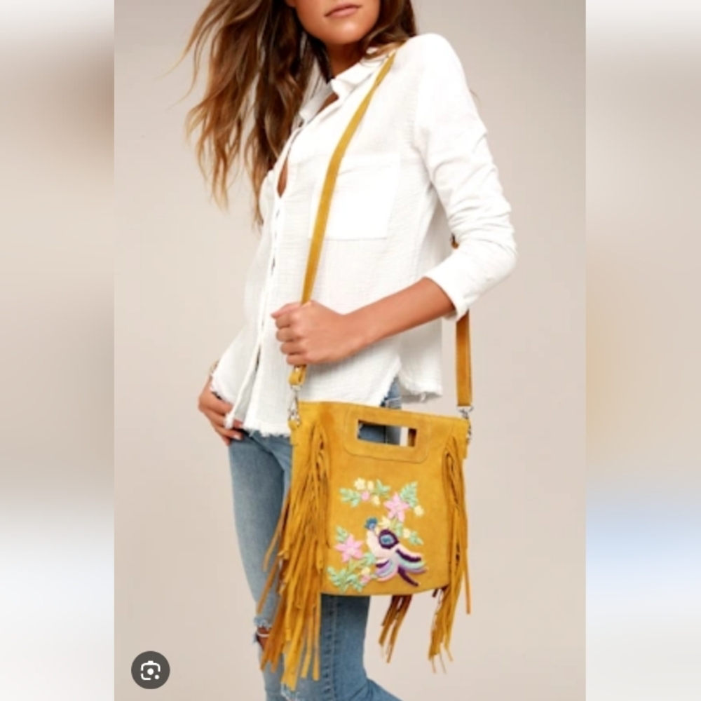 Embroidered Yellow Crossbody Bag with Fringe - Picture 1 of 14